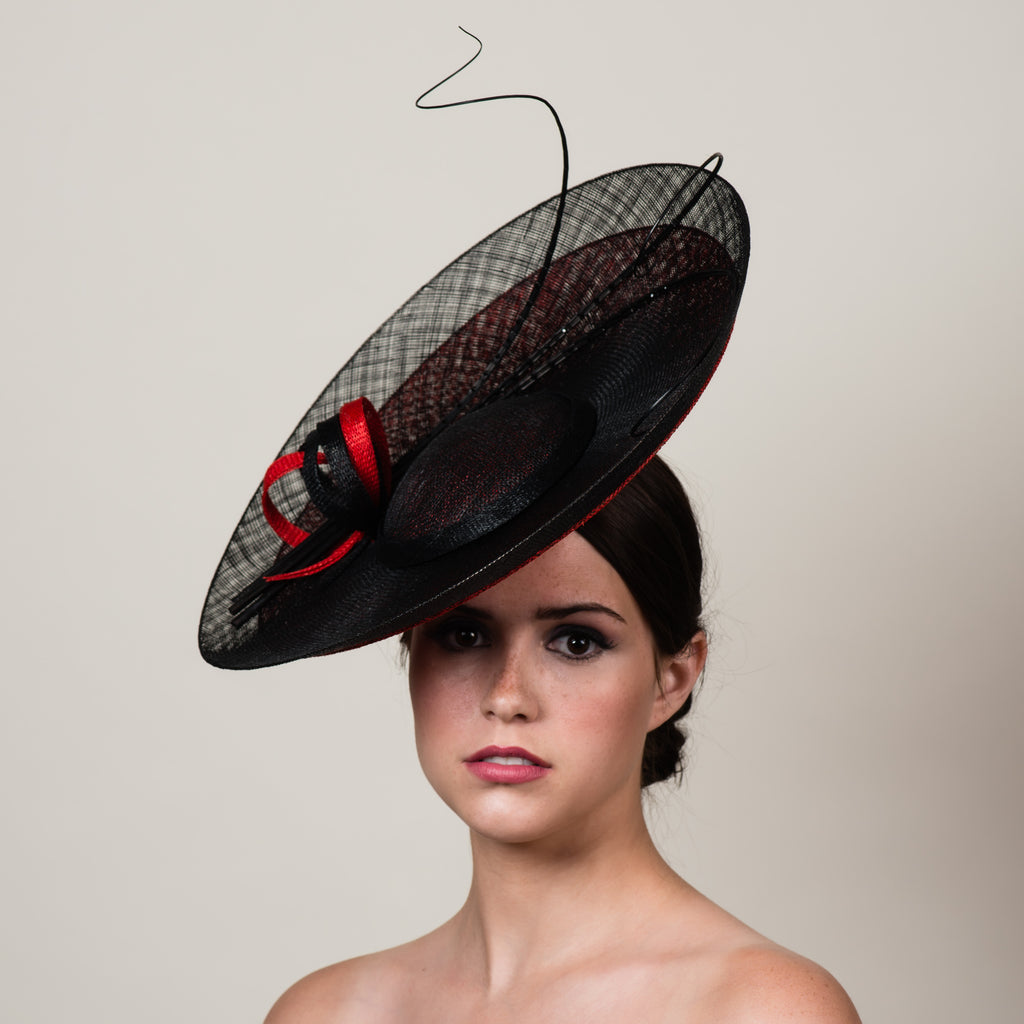 Daphne 2 black red sinamay saucer hat with quills by Milli Starr