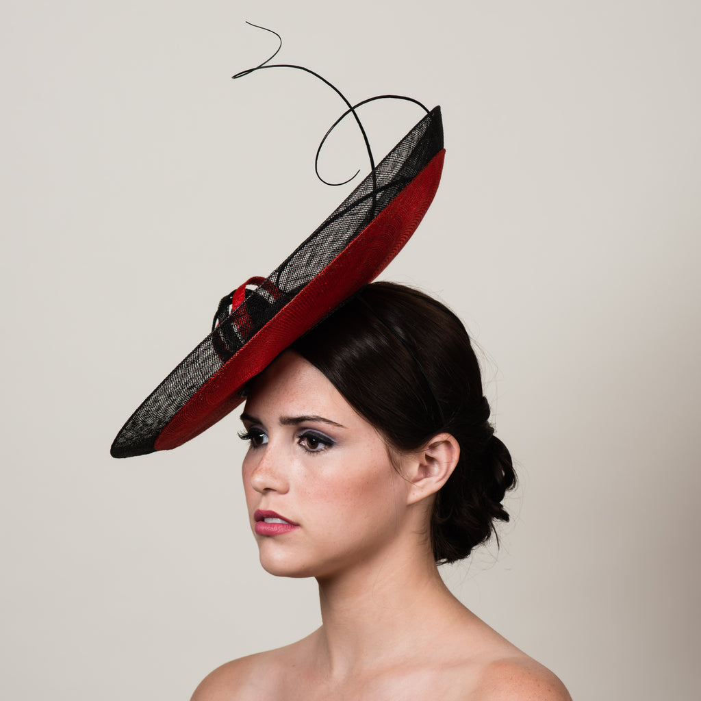 Daphne 5 black red sinamay saucer hat with quills by Milli Starr
