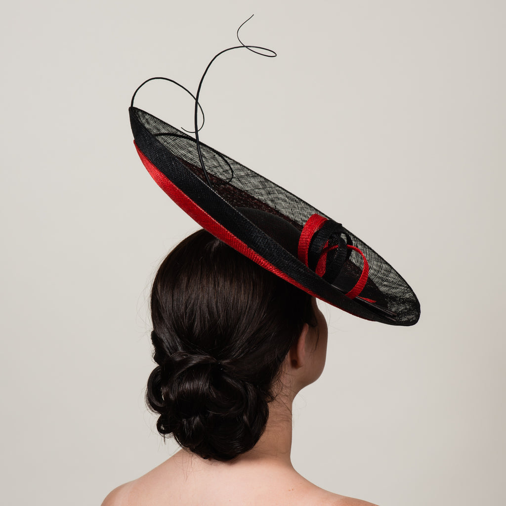 Daphne 4 black red sinamay saucer hat with quills by Milli Starr