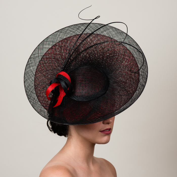 Daphne 1 black red sinamay saucer hat with quills by Milli Starr