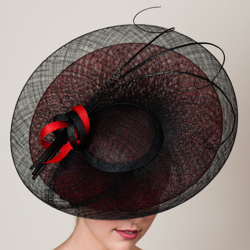 Daphne 6 black red sinamay saucer hat with quills by Milli Starr